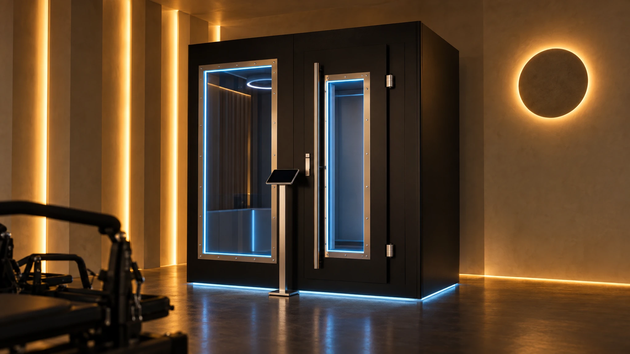 Cryotherapy chamber with pre-chamber in front of a wall of warm light slits at CÉCILE Studios Berlin